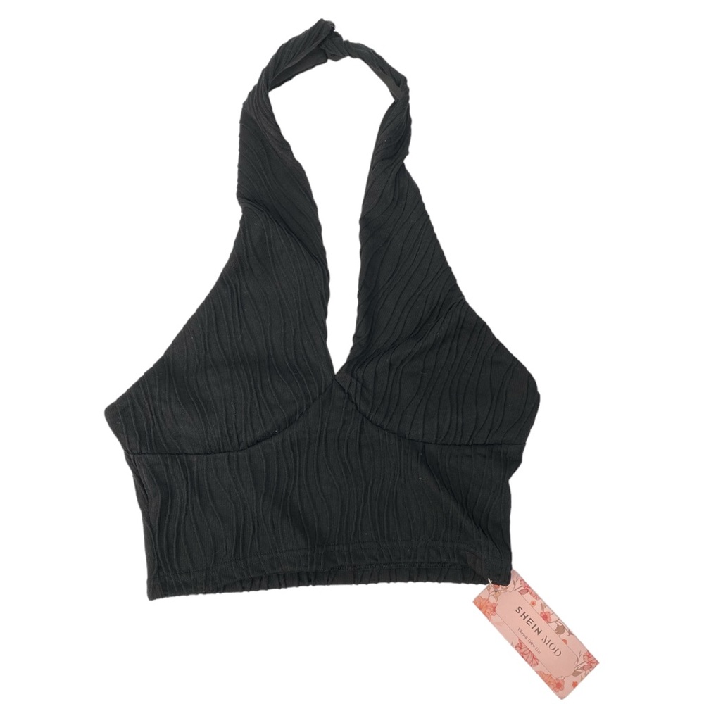 Black Ribbed Crop Halter Top Womens Small Y2K Minimal Basic Stretch SHEIN 267